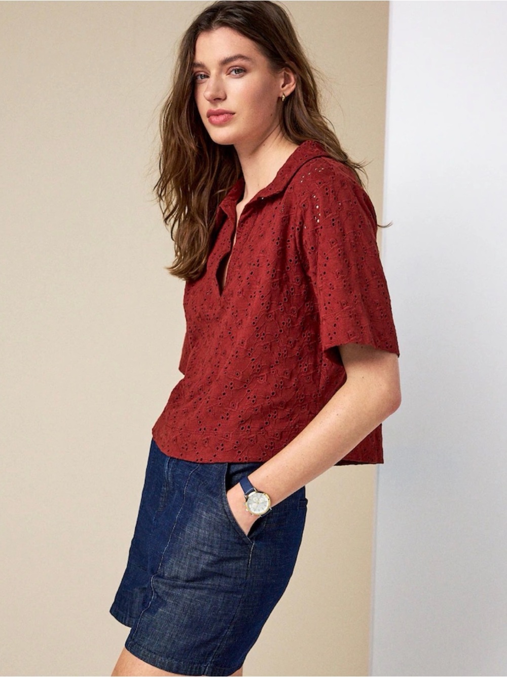 next Rust Eyelet Collared Short-Sleeve Tunic